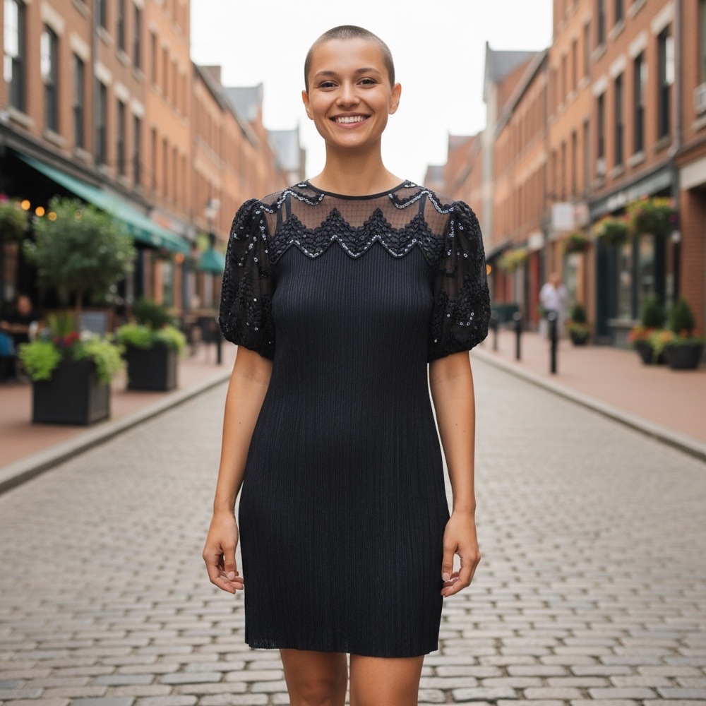 Leslie Fay Black Mini Dress with Sheer Sequin Sleeves